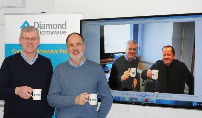 Celebrating the partnership with a virtual meeting are (left to right): Howard Belk, Engineering Director, Diamond Microwave Limited; Richard Lang, CEO, Diamond Microwave Limited; Dave Brown, Group CEO, TMD Technologies Ltd; Nigel Hann, Sales Director, TMD Technologies Ltd